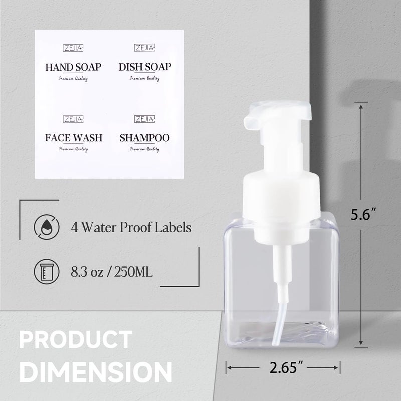 ZEJIA 250ML Foaming Soap Dispenser, 2-Pack Plastic Hand Soap Dispenser, Refillable Leakproof Foam Pump Bottle with Waterproof Labels, for Shampoo, Body Wash - Image 2